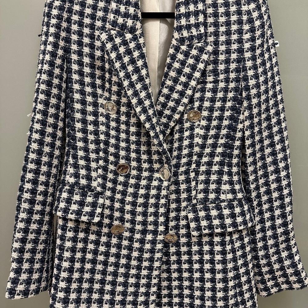 Zara navy blue and white tweed blazer, size XS